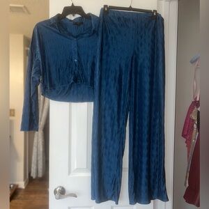 Elegant Blue Textured Shirt and Pants Set